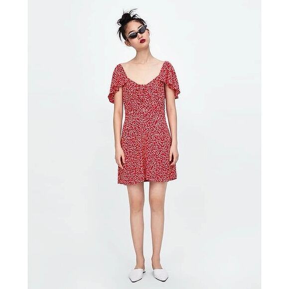 Zara Red Floral Sweetheart Neck Flutter Sleeve Bow Smocked Back Mini Dress Sz S - Picture 6 of 7